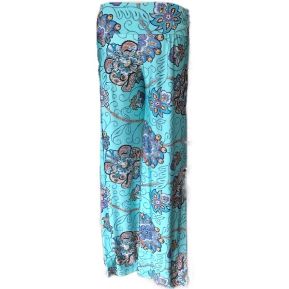 Fold Over Aqua Floral Print Barbie Palazzo Pants - Picture 2 of 3